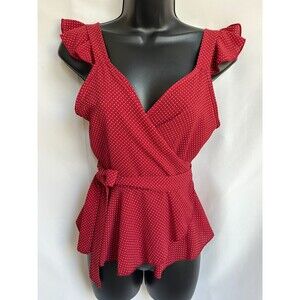 NEW New Made USA Red Wrap Blouse Size S Polka Dot Pinup Retro Flutter Sleeve